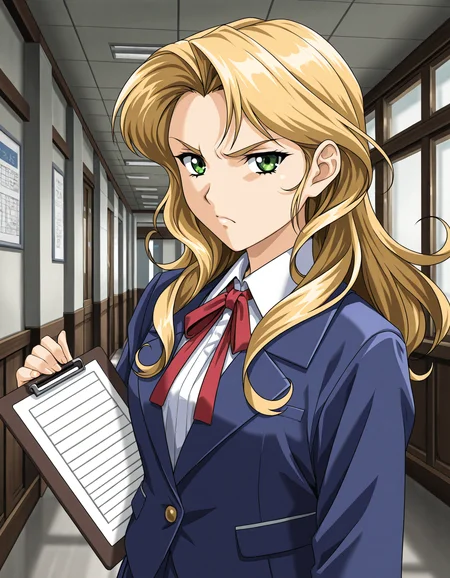 <lora:saku-v9-il-000041:0.75> k40r1, green eyes, blue jacket, neck ribbon, red ribbon, blue skirt,
1girl, solo, holding clipboard, annoyed, looking at viewer, hallway, school, upper body
