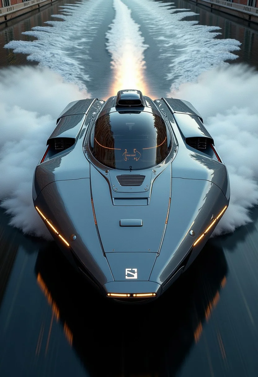 a_skynet_cyberdyne_systems_craft, the image is featuring a futuristic, highly advanced speedboat moving rapidly on a cyberpunk canal. The hull is made of a dark gunmetal alloy and the hull is a flat wedge-shape with a square front, the cockpit shows glowing led lights, and has a large air intake