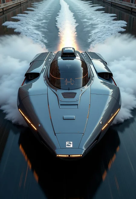 a_skynet_cyberdyne_systems_craft, the image is featuring a futuristic, highly advanced speedboat moving rapidly on a cyberpunk canal. The hull is made of a dark gunmetal alloy and the hull is a flat wedge-shape with a square front, the cockpit shows glowing led lights, and has a large air intake