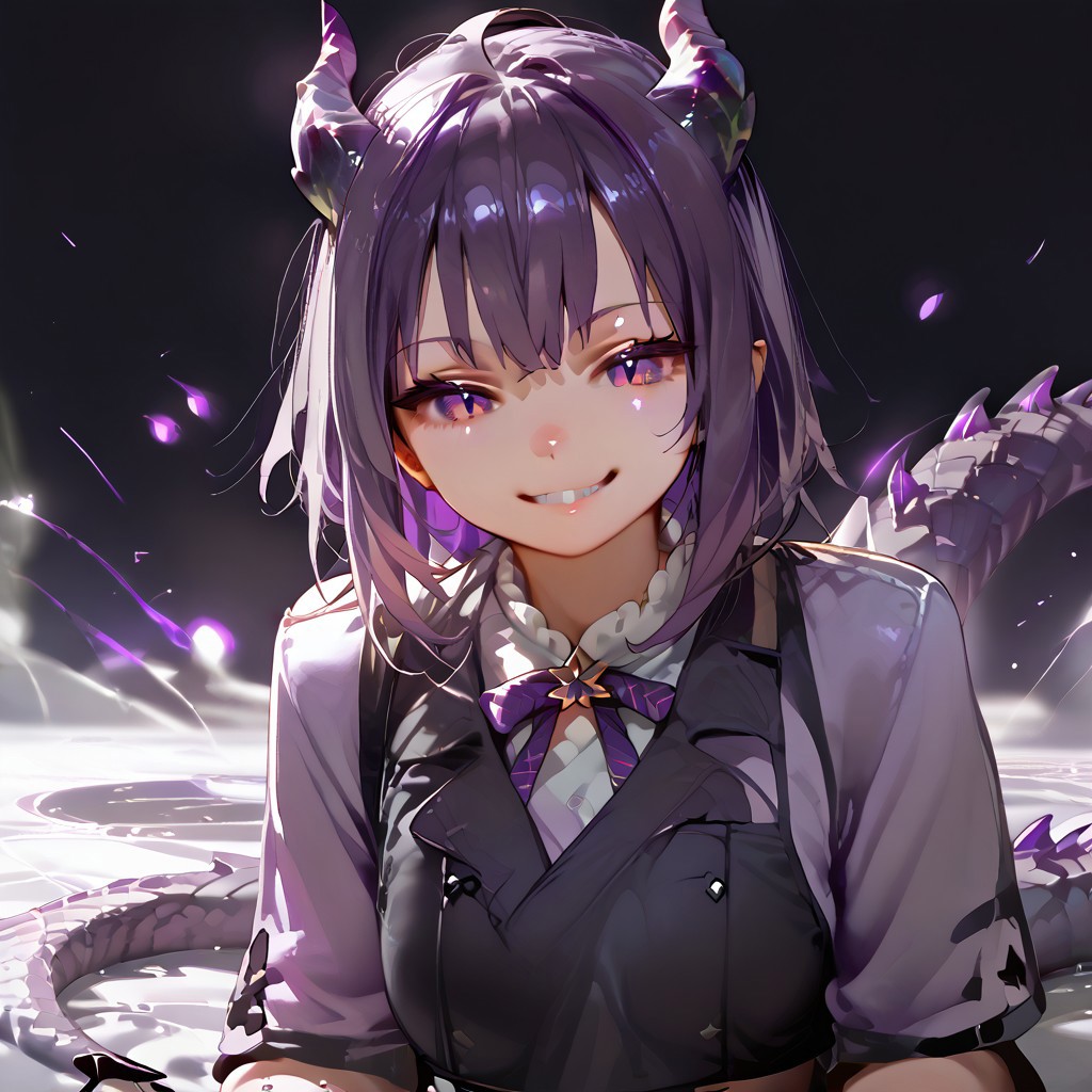 score_9_up, score_8_up, score_7_up, best quality, high quality, masterpiece, extremely detailed character, detailed eyes, beautiful face, source anime, 
<lora:nekomata_okayu_sdxl_pony:1>
okayu, ahoge, shiny purple hair, slender, 
1girl, sitting, soft smile, Obsidra, dragon girl, purple hair, purple scales, claws,