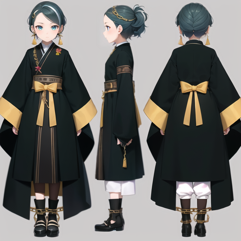 ((masterpiece, best quality)), original, absurdres, ((sfw)), <lora:NeverStyleV2A:0.5:NONE>, <lora:RoxanneStyle:0.5:NINALL>,
creative, interesting, detailed, intricate, colorful,
((chara-sheet, multiple views, full body, front, back)), <lora:Turnaround:1:INALL>,
((1girl, solo, age 10, she is 10 years old)), ((a ghostly courtesan)),
((eyes, amber eyes)),
((hair, chonmage hair, hair slicked back)),
((clothes, leg warmers, chains clothes)),
((simple background, white background)),
((colors, black)),