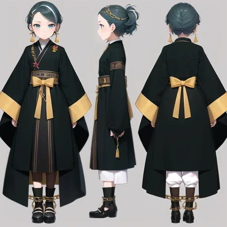 ((masterpiece, best quality)), original, absurdres, ((sfw)), <lora:NeverStyleV2A:0.5:NONE>, <lora:RoxanneStyle:0.5:NINALL>,
creative, interesting, detailed, intricate, colorful,
((chara-sheet, multiple views, full body, front, back)), <lora:Turnaround:1:INALL>,
((1girl, solo, age 10, she is 10 years old)), ((a ghostly courtesan)),
((eyes, amber eyes)),
((hair, chonmage hair, hair slicked back)),
((clothes, leg warmers, chains clothes)),
((simple background, white background)),
((colors, black)),