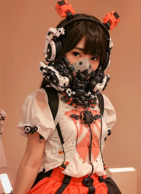(masterpiece, sidelighting), realistic, 1 girl, (wearing a large white full coverage VR - techpunkmask with smallish antenna), (wearing black shirt and orange rosette), (orange glowing light), colorful smoke fills the surrounding area, smiling eyes, dancing, pure color background  <lora:techpunkmask_v0.5:0.8>