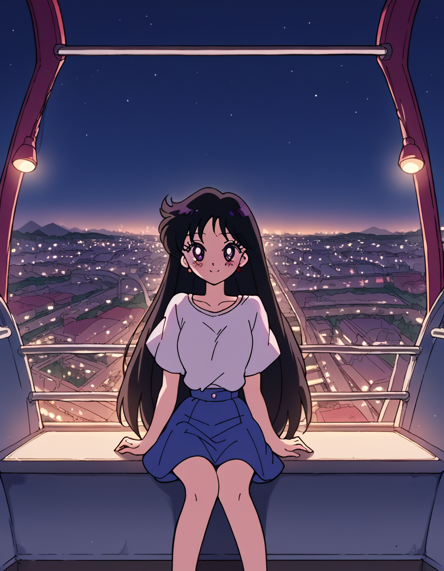 score_9, score_8_up, score_7_up, source_anime, <lora:rei-hino-s3-ponyxl-lora-nochekaiser:1>, rei hino, black hair, diadem, long hair, purple eyes, parted bangs,, <lora:ferris-wheel-interior-ponyxl-lora-nochekaiser:1>, ferris wheel interior, ferris wheel, gondola, cityscape, amusement park, city lights, night, fireworks, aeriel firworks, night sky, city, skyline, sky,, sitting, smile, blush, looking at viewer,,