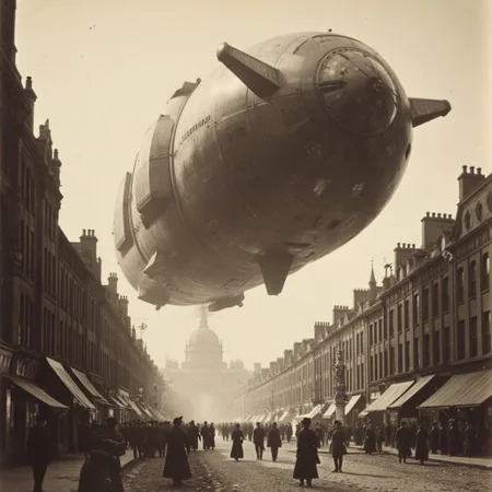 01dPh0t0 dark, shadow, distorted, grainy, film grain, Victorian, An aged worn sepia monochrome 1800s photograph of an (enormous and intricately detailed high-tech science fiction alien spacecraft)2, angular, (anachronistic)3, hovering over 1890s London, low angle looking up, ominous, looming, massive sense of scale, nervous people on the streets looking upward