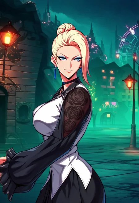 score_9, score_8_up, score_7_up, score_6_up, source_anime, 1girl, 18 years old girl maturekfsXV, , (big breasts:1.5), (large cleavage), black shorts,pantyhose, hair bun, hair over one eye, blonde hair, blue eyes, eyeshadow , beautiful face, earrings, choker, long dress, black sleeves, long sleeves, white vest , white pattern,sexy smile, sensual smile, city, night, dramatic shadows, posing sexy, thighs , puffy nipples, high quality anime movie, , , wide shot ,Tbtniki style , raw, concept art