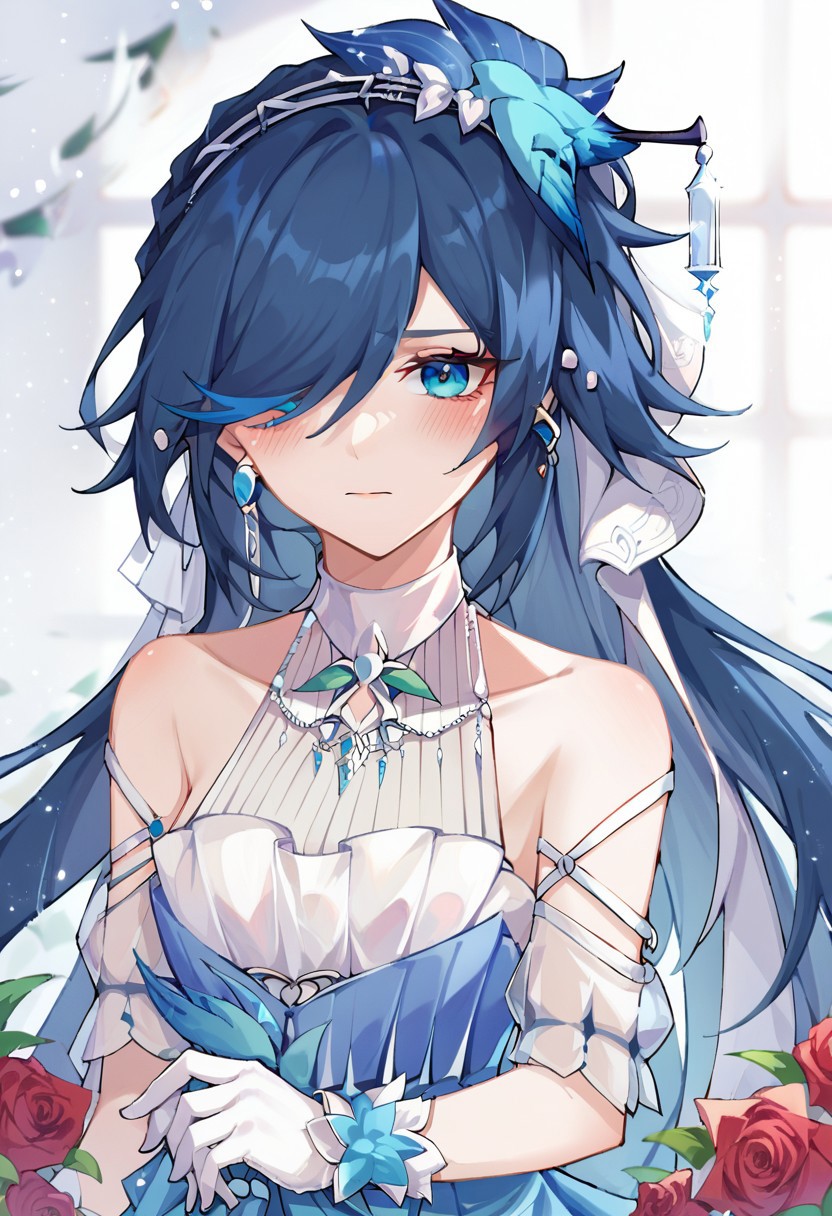 score_9, score_8_up, score_7_up, source_anime, wedding dress, blue eyes, closed mouth, jewelry, fu hua, rose, blush, hair between eyes, earrings, hair over one eye, gloves