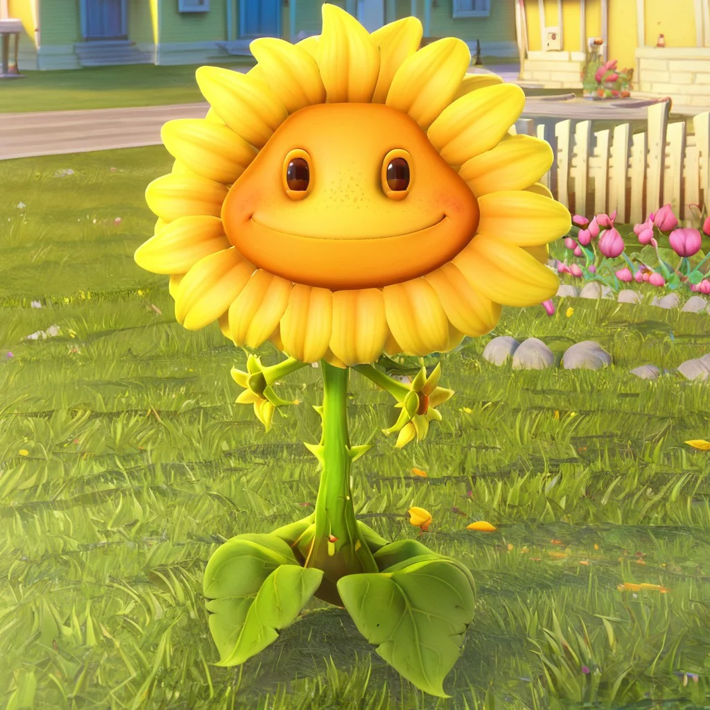 score_9, score_8_up, score_7_up, BREAK, 3d, sunflowergw, sunflower, 1girl, flower, flower girl, plant, flora fauna, yellow face, orange petals, green body, freckles, looking at viewer, smile, outdoors, grass
