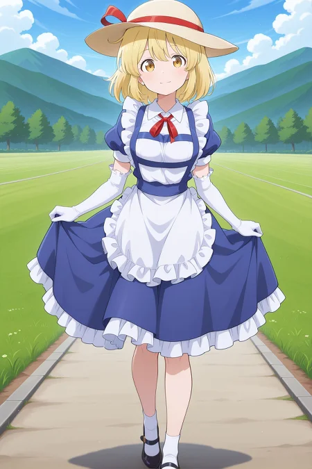 absurdres, highres, masterpiece, best quality, amazing quality, official anime artwork, screencap, anime screencap, outdoors, looking at viewer, light smile, dynamic pose, standing,
 <lora:Kana-Anaberal_Illustrious:1> kana anaberal, 1girl, solo, yellow eyes, blonde hair, short hair, sidelocks, medium breasts,, white hat, hat ribbon, red ribbon, puffy short sleeves, collared shirt, white shirt, blue dress, frilled dress, collared dress, white apron, waist apron, frilled apron, maid apron, elbow gloves, white gloves, frilled gloves, black shoes, mary janes, white socks,