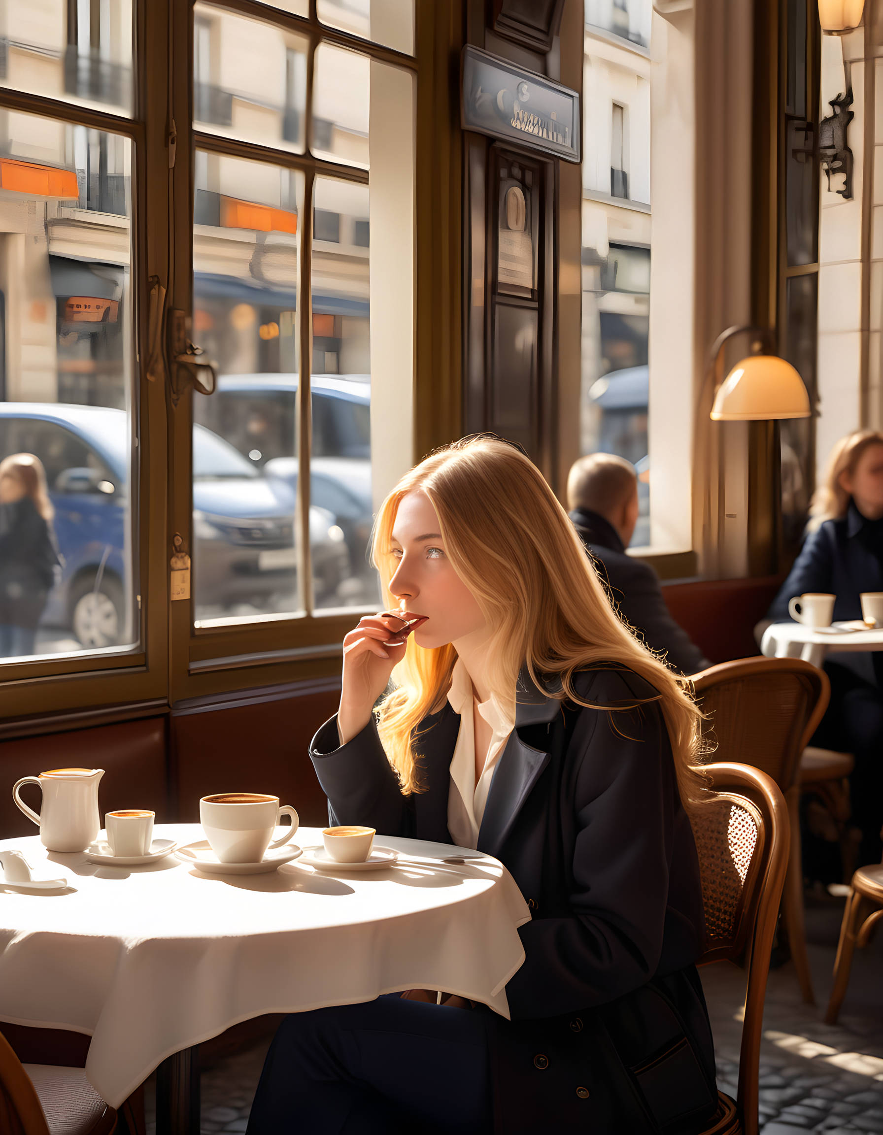 In a bustling Parisian café bathed in warm, golden afternoon light streaming through the large, arched windows, a striking woman named Kemkin sits alone at a small round table near the window. Her long, golden blonde hair cascades down her shoulders, framing her delicate features and accentuating her closed mouth that holds an enigmatic expression as she gazes intently at the viewer with her piercing blue eyes. She is clad in a classic black trench coat draped artfully over a white blouse and high-waisted navy trousers, her fingers gently tapping a steaming cup of coffee on the pristine white tablecloth. Behind her, the café's vibrant interior-filled with chattering patrons, clinking cutlery, and the rich aroma of freshly brewed coffee-blends seamlessly with the lively Parisian street scene outside, where sunlight dances off the cobblestone sidewalks and playfully illuminates the passersby.