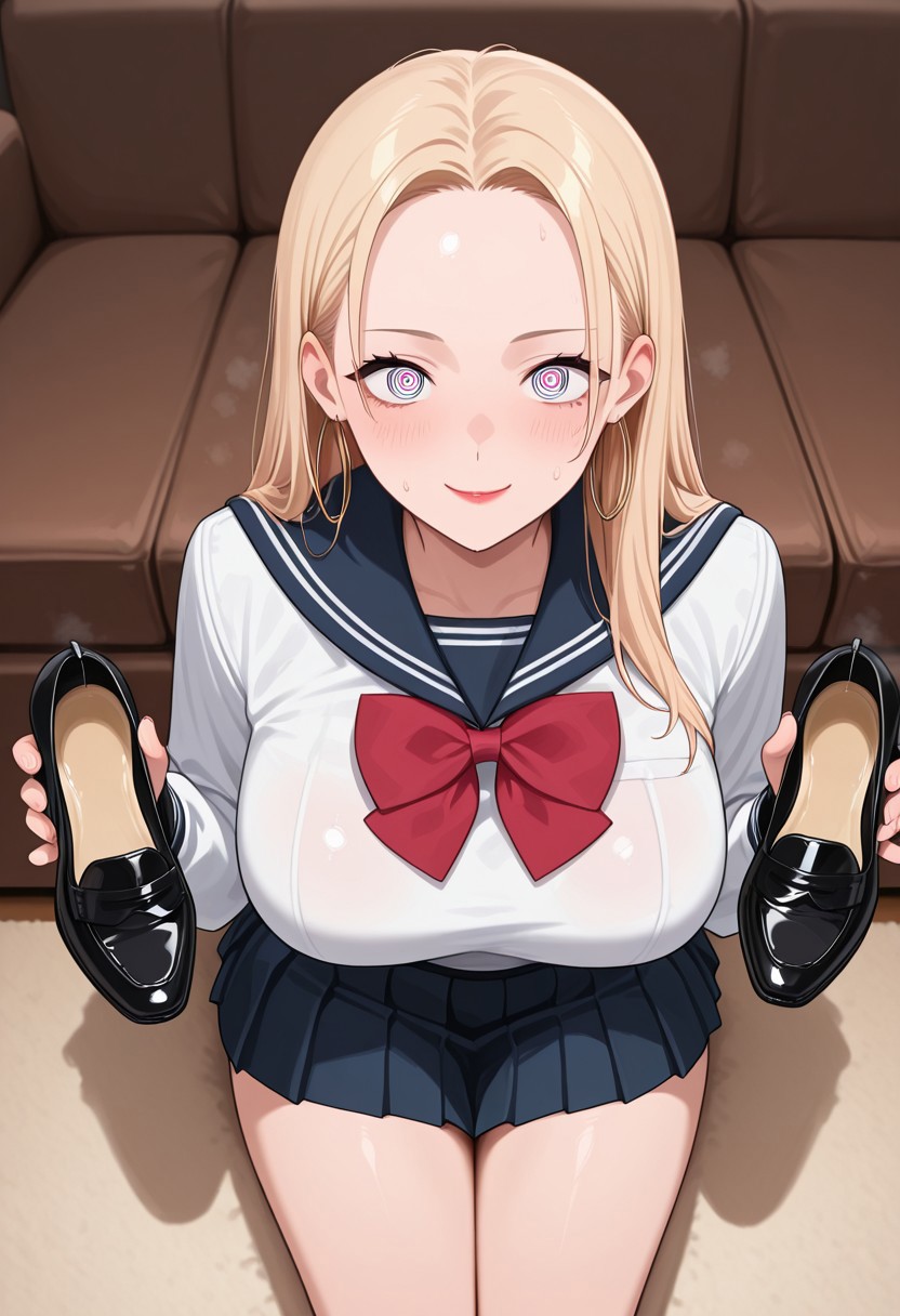 masterpiece,best quality,amazing quality,very aesthetic,high resolution,ultra-detailed,absurdres,newest, torso up:1.8, focus face, solo,1girl,Chihiro, long hair, large breasts, ringed eyes, forehead, hair behind ear,,shoes removed, holding shoe, heels,  portrait, focus face, smelly shoe:1.9, living room, focus shoes:1.9, detailed shoes interior:1.6, steamy feet:1.6, smile, lipstick, cute, sailor uniform, fully dressed, from above, worn inside:1.4, sniffing heels