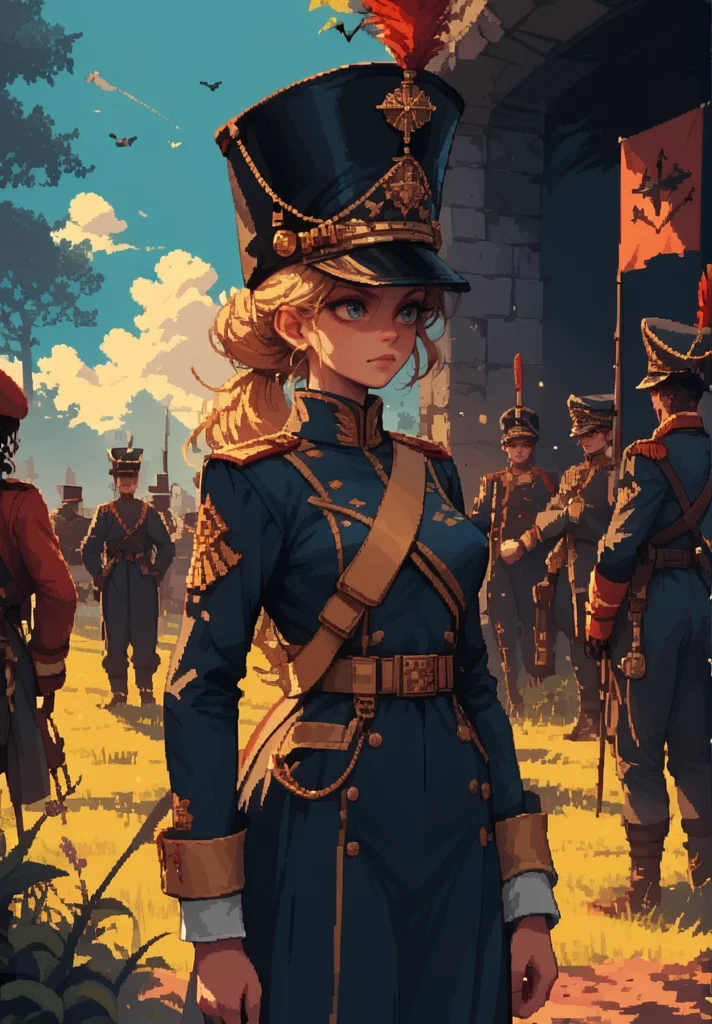 1girl, <lora:Grenadier:1> grenadier, hat, uniform, military uniform hds style, <lora:d3p1x3lXLP:1> d3p1x3l, pixel art,, score_9, score_8_up, score_7_up, score_6_up, score_5_up, score_4_up, BREAK