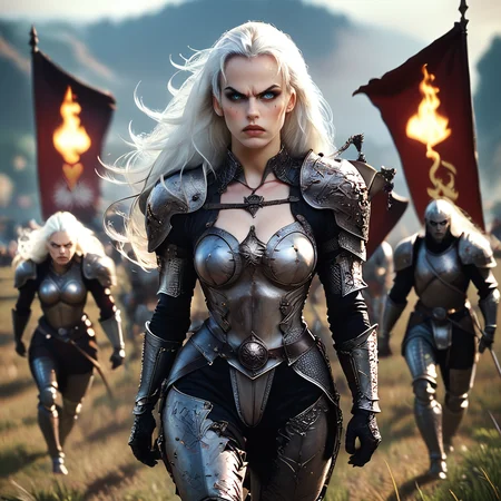 Score_9, score_8_up, score_7_up, score_6_up, BREAK <lora:GothicDarkFantasyMoviePony:1> ArsMovieStill, Gothic Dark Fantasy movie still, The image shows a woman with long white hair wearing a dark and ornate armor. She is standing in a field with a group of people in the background holding flags and banners. The woman appears to be in a battle-ready stance with her arms crossed and a determined expression on her face. The armor is made of metal and has intricate designs and patterns on it. The background is filled with flames and smoke suggesting that the scene is taking place at night. The overall mood of the image is intense and dramatic., 1girl, armor, long hair, blue eyes, solo focus, blurry background, white hair, blurry, breasts, walking