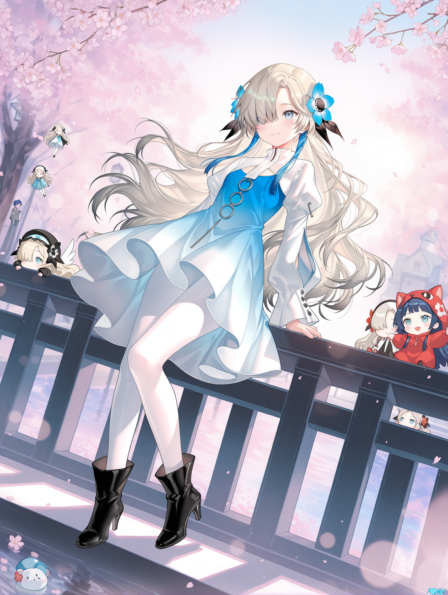 safe_pos, kousaki rui,(daifuku mame \(kageroudt33\):0.907),chyoel,(lpip:0.907),koe \(mixpi\),(atdan:0.9524),kaninn,year 2023,
1girl, isekaijoucho, isekai joucho, blue hair flower, gray wavy long hair, hair over one eye, multicolored hair, white blue two-tone dress, blue white gradient dress, puffy long sleeves, white pantyhose, high heel boots,
smile, blush, aroused, cinematic lighting,  dynamic angle, looking afar,
against railing, railing, 
burry background, bokeh,
outdoor, cherry blossom, riverside, 
,masterpiece,best quality,amazing quality,