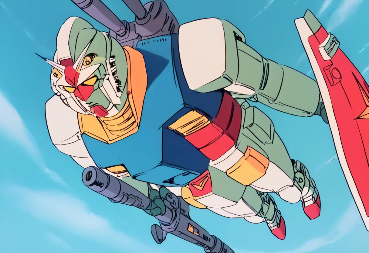 (score_9:0.9),score_8_up,score_7_up,anime style,rating_safe,(zPDXL),<lora:Gundam RX-78-2 ponyXL v1.5:0.94>,Gundam RX-78-2,shield,weapon,gun,beam rifle,energy gun,day,flying,sky,aircraft,