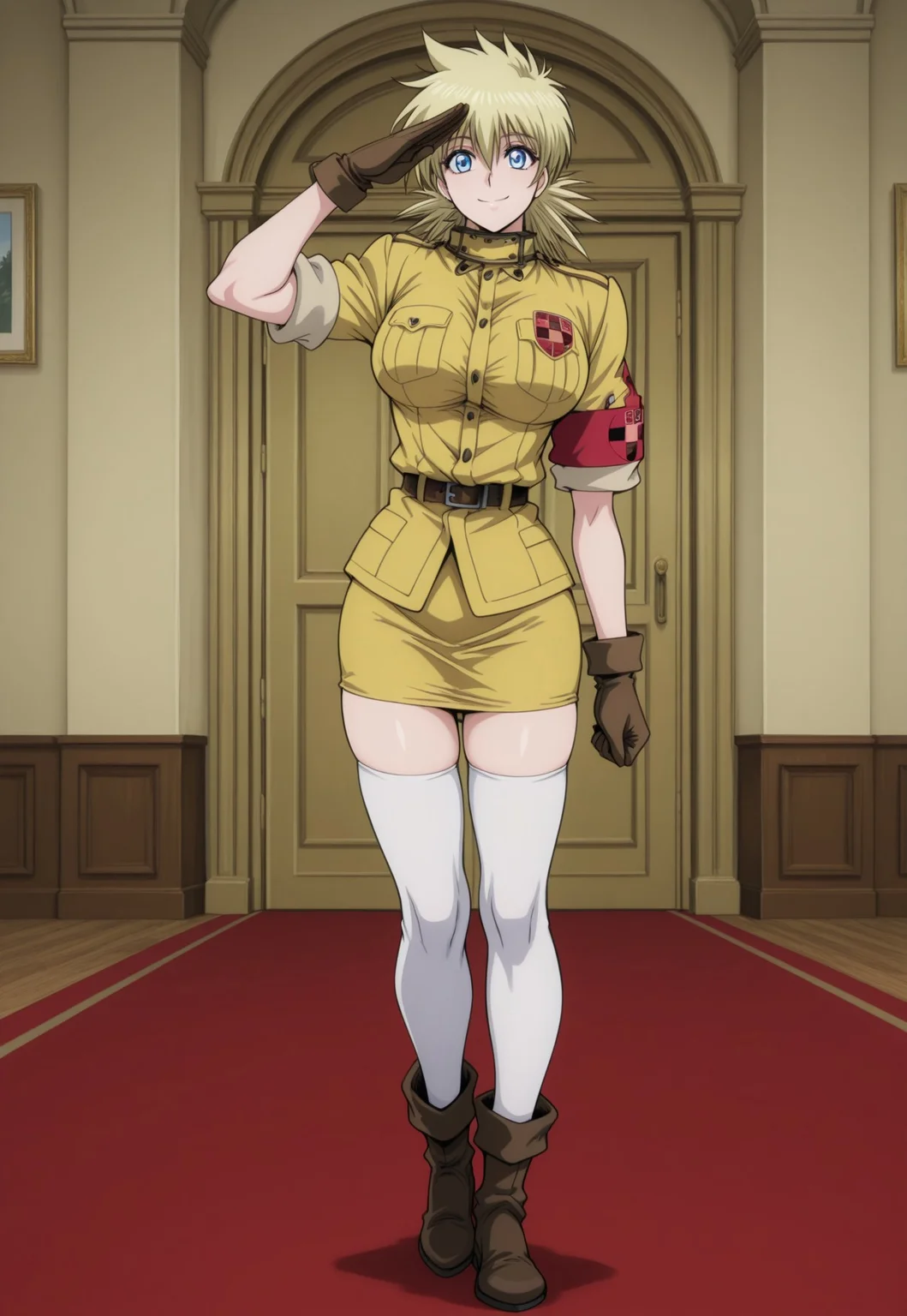 safe_pos, score_9, score_8_up, score_7_up, masterpiece, best quality, very aesthetic, SerasVictoria, 1girl, solo, female focus, blonde hair, short hair, spiked hair, blue eyes, large breasts, yellow shirt, sleeves rolled up, red armband, brown gloves, brown belt, yellow pencil skirt, white thighhighs, brown boots, standing, salute, smile, full body, perspective, mansion, indoors