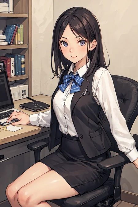 1 girl, cute, sexy, best quality, ultra high res, detailed face, sitting on chair, office, detailed background, detailed lighting, depth of field, clk, vest, pencil skirt, bow, <lora:clk_clerksuit:1>