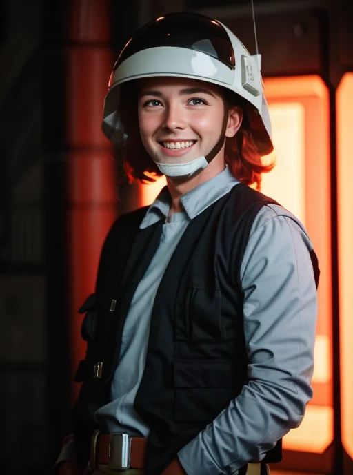 1woman, red hair woman in rebel trooper uniform <lora:rebeltrooperv01:1> smiling, RAW photo, 8k uhd, dslr, soft lighting, high quality, film grain, Fujifilm XT3