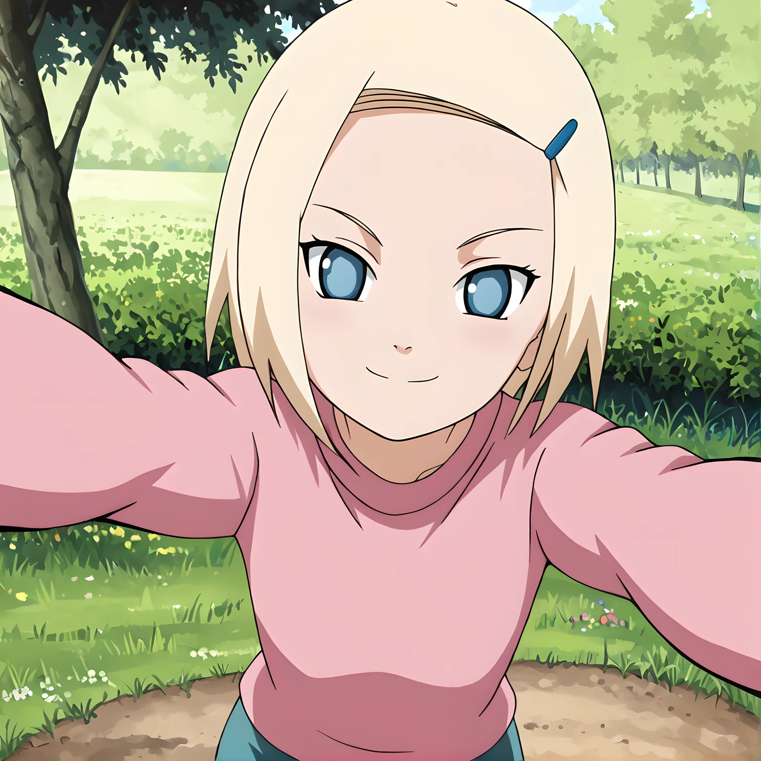 ino, hair ornament, hairclip, 1girl, solo, blonde hair, short hair, blue eyes, smile, looking at viewer, <lora:Ino_Yamanaka_Smol:0.9>
BREAK
level_9, level_8_up, level_7_up, source_anime, masterpiece,
BREAK
naruhodou_artstyle, <lora:Naruho-Dou_ArtStyle:0.7>
BREAK
outdoor, sweater, selfie