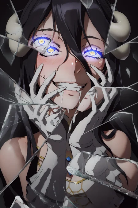 masterpiece, detailed quality, 1girl, solo, gradient background, score_9, source_anime, score_8_up, score_7_up, x3dce, 3d, <lora:X3dCE_PDXL:.6> albedo_(overlord), <lora:BreakingGlassXLPDCAME:.9> IncrsXLBrknGls, broken glass, upper body, (reflection), <lora:EbiblueXL:0.6> ebiblue, gesugao, glowing eyes, blush, masochist, wide smile, hands on face, drool, <lora:yoneyamaiXLJS2lokrV12:0.8> floating hair, debris,