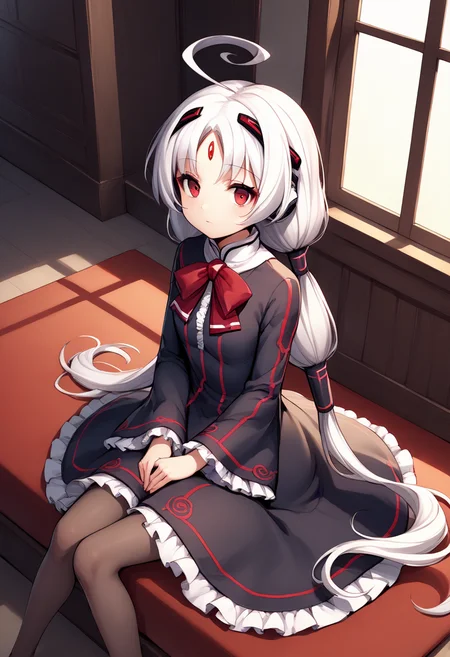 score_9, score_8_up, score_7_up, source_anime BREAK 1girl, solo, <lora:uni_vatista:1>, uni_vatista, from above, dutch angle, girl room, sitting, (wariza:1.2), black dress, wide sleeves, red bowtie, petticoat, black pantyhose, neon trim, white hair, low twintails, very long hair, ahoge, jewel, parted bangs, hair ornament, robot ears, red eyes, looking at you