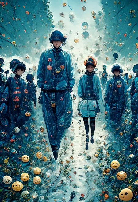 (mjv3:2.0), score_9, score_8_up, score_7_up, source_anime, 6+girls, running away, escape from androids, motion blur, many emoji sticker on jacket, extremely detailed, 8k, best quality, amazing quality, best aesthetic, absurdres, traditional media, <lora:mjv3_pony-3:1>