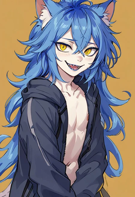 twst_idia, blue hair, fiery hair, messy hair, long hair, yellow eyes, bags under eyes, thin eyebrows, blue lips, sharp teeth, pale skin
1boy, male focus, detailed eyes
cat ears, slit pupils, fluffy, grin, smile, fangs, cat paws, yellow background
