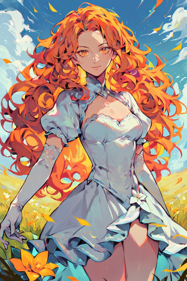 score_9, score_8_up, score_7_up, rating_safe, rainbow style, vibrant colors, vivid colors, 1girl, solo, long hair, curly hair, wavy hair, orange hair, orange eyes, looking at viewer, breasts, dress, white dress, puffy sleeves, puffy short sleeves, short sleeves, gloves, elbow gloves, white gloves, cowboy shot, closed mouth, standing, outdoors, field, flower, grass, plant, sky <lora:Rainbow Style SDXL_LoRA_Pony Diffusion V6 XL:0.8>