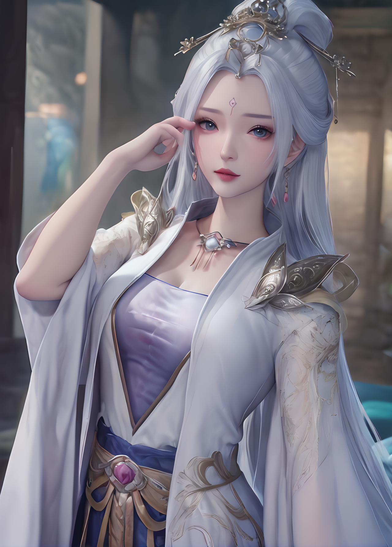 (cowboy_shot:1.4),game cg,1girl,blue eyes,blurry background,chinese clothes,facial mark,forehead mark,hair ornament,jewelry,looking at viewer,solo,white hair,ultra realistic 8k cg,picture-perfect face,flawless,clean,masterpiece,professional artwork,famous artwork,cinematic lighting,cinematic bloom,perfect face,beautiful face,beautiful eyes,fantasy,dreamlike,unreal,absurdly long hair,very long hair,(rich:1.4),detail,delicate pattern,charming,alluring,seductive,erotic,enchanting,hair ornament,looking at viewer,<lora:mengqianqiu_V1:1>,