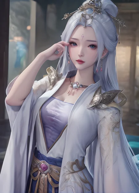 (cowboy_shot:1.4),game cg,1girl,blue eyes,blurry background,chinese clothes,facial mark,forehead mark,hair ornament,jewelry,looking at viewer,solo,white hair,ultra realistic 8k cg,picture-perfect face,flawless,clean,masterpiece,professional artwork,famous artwork,cinematic lighting,cinematic bloom,perfect face,beautiful face,beautiful eyes,fantasy,dreamlike,unreal,absurdly long hair,very long hair,(rich:1.4),detail,delicate pattern,charming,alluring,seductive,erotic,enchanting,hair ornament,looking at viewer,<lora:mengqianqiu_V1:1>,