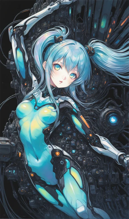 <lora:IOS_Iridescent_opal_style:0.6><lora:amano_yoshitaka_xl:1> art by yoshitaka amano, portrait, racing miku, [woman:robot joints:0.6], [armpits:mecha:0.5], [evangelion:cyberpunk edgerunners:0.5], [lens flare:opal:06], intricate detail, cinematic lighting, amazing quality, amazing shading, reflective transparent iridescent opaque plugsuit, long transparent iridescent RGB hair, absurdly long hair, twintails, Detailed Illustration, official artwork, wallpaper, official art, extremely detailed eyes and face, beautiful detailed eyes, On a space station, zero gravity, floating, ((masterpiece, best quality))