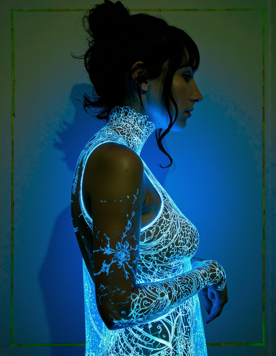 A photo-realistic shoot from a profile camera angle about a woman with glowing patterns on her skin, showcasing intricate designs and patterns. the image also shows a woman in the middle of the frame, facing away from the camera, with her upper body visible. the woman has dark hair styled in a messy bun and is wearing a sheer, light-colored dress with intricate patterns. her skin is glowing with a luminous blue light, creating a glowing effect on her body. the background is a simple gradient of blue and green, and the image is framed with a green border. on the woman's upper body, there are intricate patterns and designs that glow in the dark, adding to the overall aesthetic of the image.