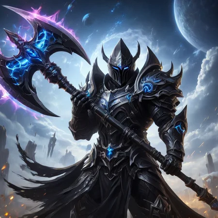 an anime image of a fantasy game knight, wielding a galaxy Battleaxe, galaxy print on the battleaxe, wearing black armor, allay in background, digital art, HD, masterpiece, best quality, hyper detailed, ultra detailed,