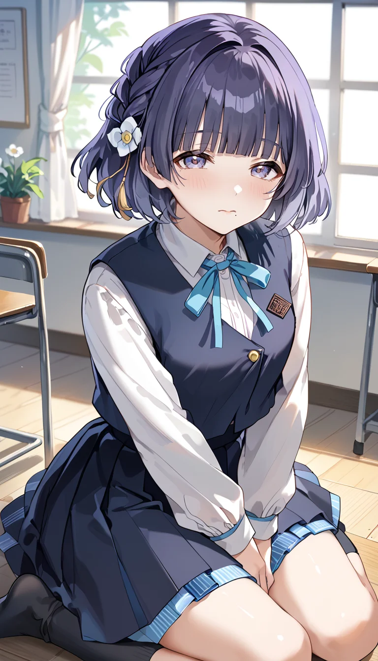 score_9,score_8_up,score_7_up,
official art,official style,game cg,megami magazine,
uncensored,
1girl,solo,
htymsz,hataya misuzu,hatsuboshi gakuen school uniform,
purple eyes,purple hair,short hair,violet eyes,white flower,braid,flower,hair flower,hair ornament,
collared shirt,dress shirt,aqua ribbon,black skirt,black socks,black vest,blue bow,
blue bowtie,blue eyes,blue ribbon,blue skirt,blue vest,blunt bangs,
long sleeves,mole,mole under mouth,neck ribbon,pleated skirt,
ribbon,school uniform,shirt,skirt,vest,white shirt,
<lora:hataya_misuzu_gakuen_idolmaster_pony_v1:1>,