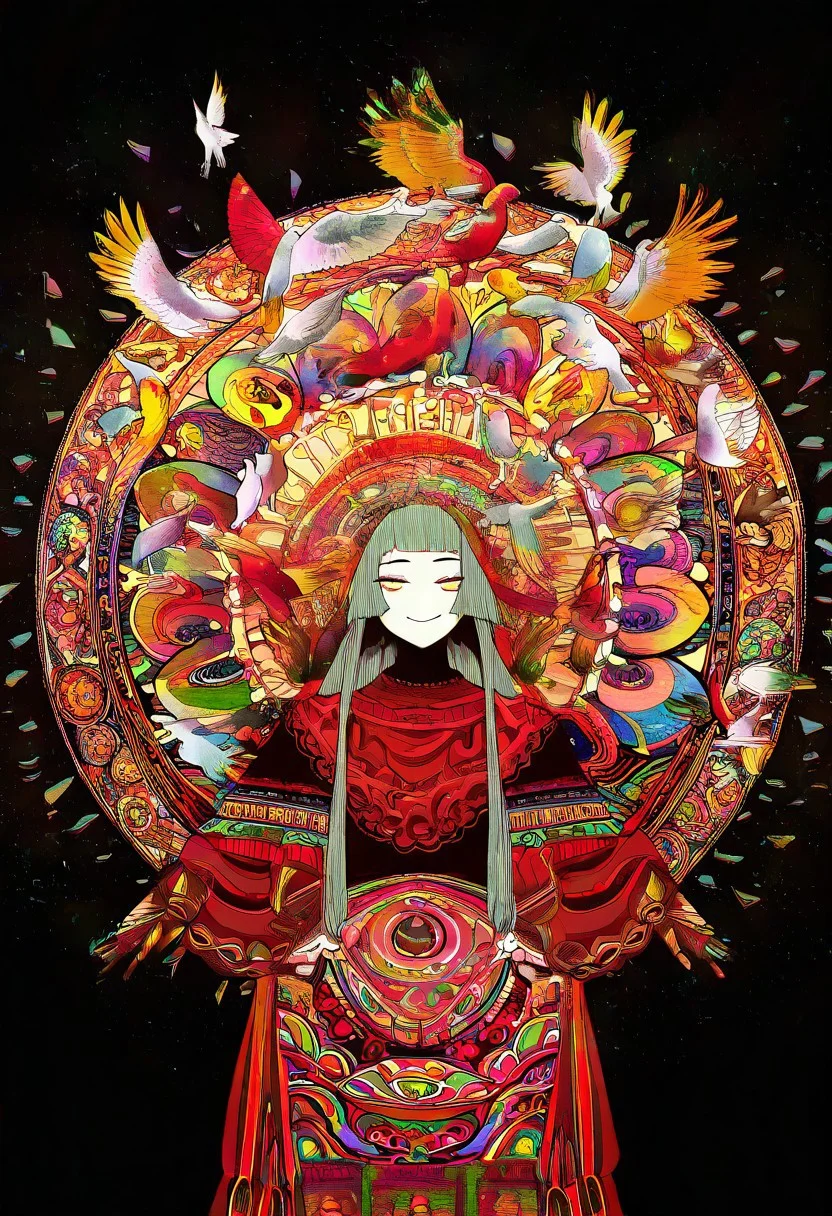 1girl, solo, red and golden background, smile, longhair, psychedelia, megalomaniac, mandala, zen, too many birds,
cowboy shot,
amazing quality, masterpiece,best quality,very aesthetic, absurdres, newest,