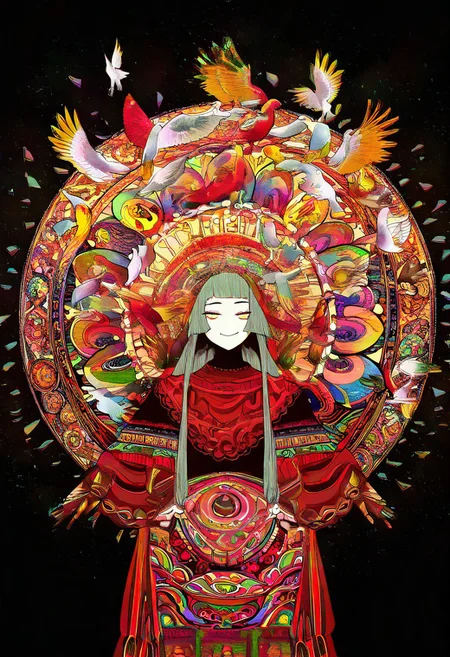 1girl, solo, red and golden background, smile, longhair, psychedelia, megalomaniac, mandala, zen, too many birds,
cowboy shot,
amazing quality, masterpiece,best quality,very aesthetic, absurdres, newest,