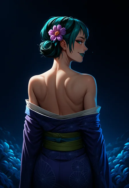 score_9, score_8_up, score_7_up, gwentd, 1girl, solo, two-tone hair, lipstick, makeup, kimono, floral print, hair flower, sash, off shoulder, back, shoulder blades, from behind, looking back, smile, ethereal lighting, purple, nighttime, darkness, surreal art, fantasy, glowing, night, (dark environment), <lora:gwentd-guy-PONY-LyCORIS-v1:1>, summer festival, green eyes,