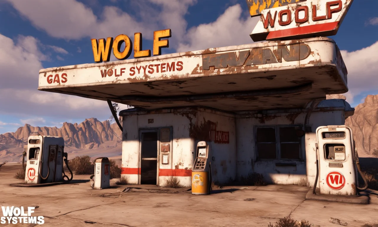 a photo of an abandoned gas station, sign, text "Wolf-Systems", <lora:falloutlandsdxl:0.7>, falloutlandsdxl, epic landscape, best quality, masterpiece, award-winning, trending on artstation
