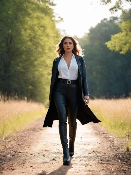 A dynamic cinematic photograph of Brett_Bowles_P_MXAI_SDXL walking through the woods, wearing a leather duster, wearing leather pants, wearing a white shirt, wearing black boots, walking towards the camera, golden hour, god rays, SK_CINEMATIC, ziprealism