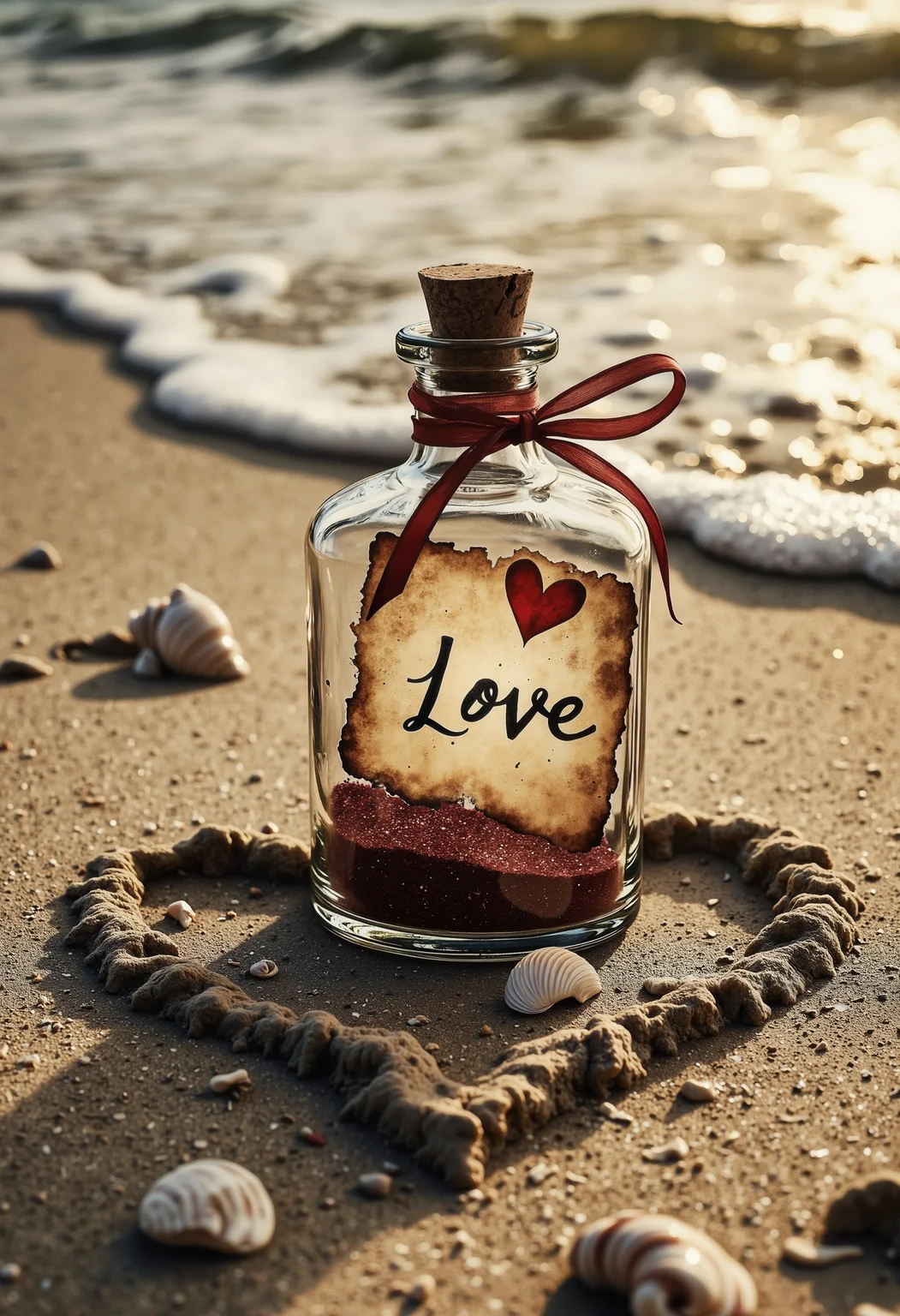 A delicate glass bottle with an aged, handwritten "Love" letter with a heart on it and red sand inside washes ashore on a quiet beach on a heart in the sand. The golden hues of the setting sun reflect off the gentle waves, casting a dreamy glow on the soft sand. The letter inside is tied with a red ribbon, peeking through the clear glass. A few scattered seashells and footprints in the sand add a touch of mystery and romance. The background fades into a blurred horizon where the ocean meets the sky, creating a peaceful and nostalgic atmosphere. warm and poetic scene