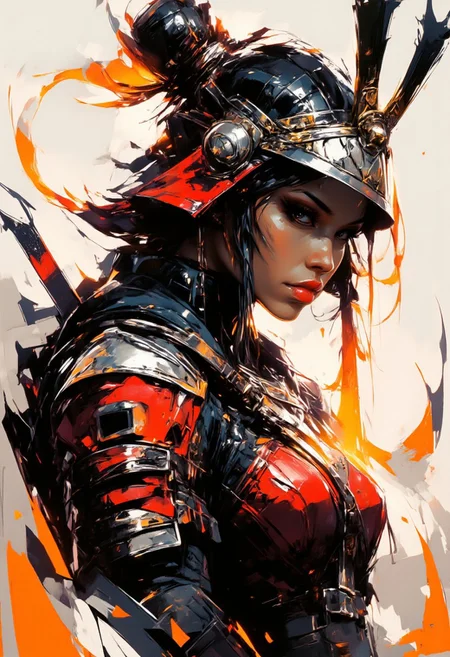 Silhouette Art, breathtaking detailed, masterpiece, awe-inspiring, radiant, magnificent. (all dark hues and fine vibrant orange glowing smoldering accent and shiny silver color scheme:1.02). glossy. stunning oriental woman, long hair, samurai helment, red leather samurai armour, Inkpunk Anime