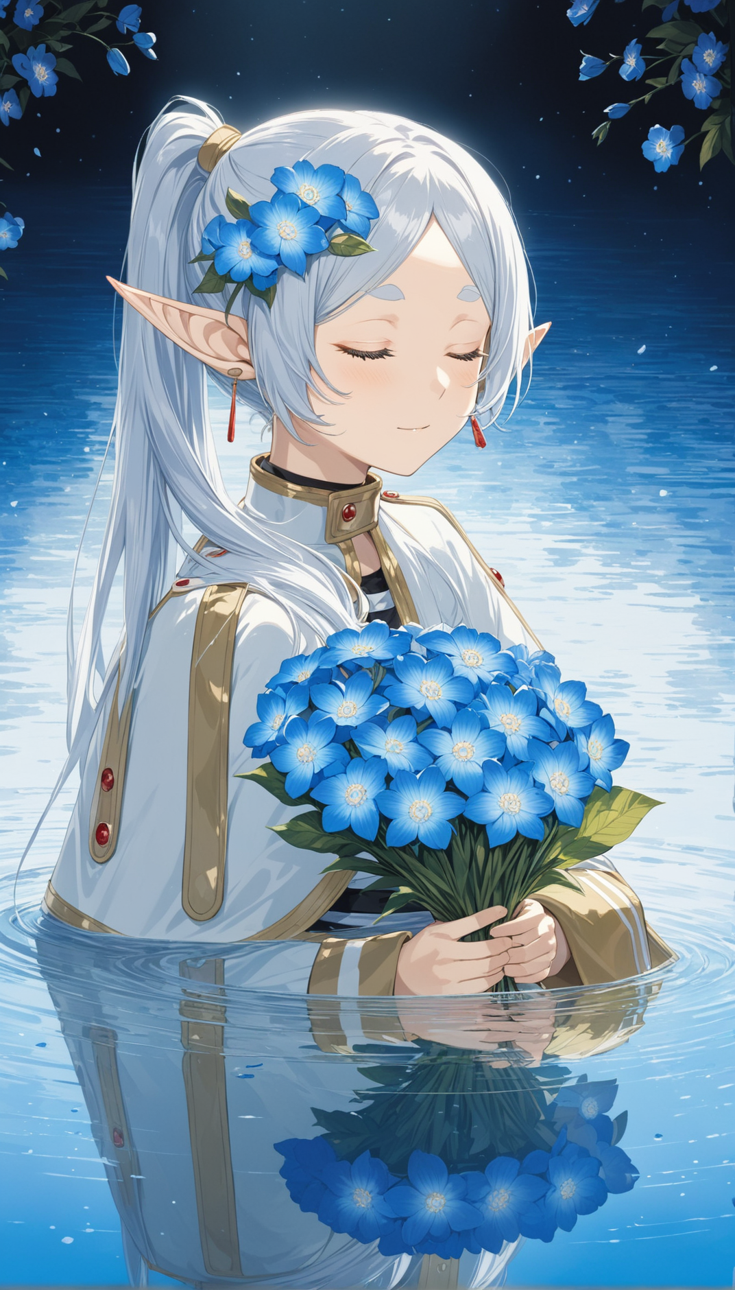 nereirfpnxl, frieren, rating:safe, flower, water, pointy ears, blue flower, closed eyes, reflection, holding flower, holding, elf, long hair, bouquet, ponytail, ripples, hair flower, hair ornament masterpiece, best quality, intricate detail, cinematic lighting, amazing quality, amazing shading, detailed Illustration, official artwork, wallpaper, official art, extremely detailed eyes and face, beautiful detailed eyes
 <lora:frieren_nereirfpnxl_xl:1>