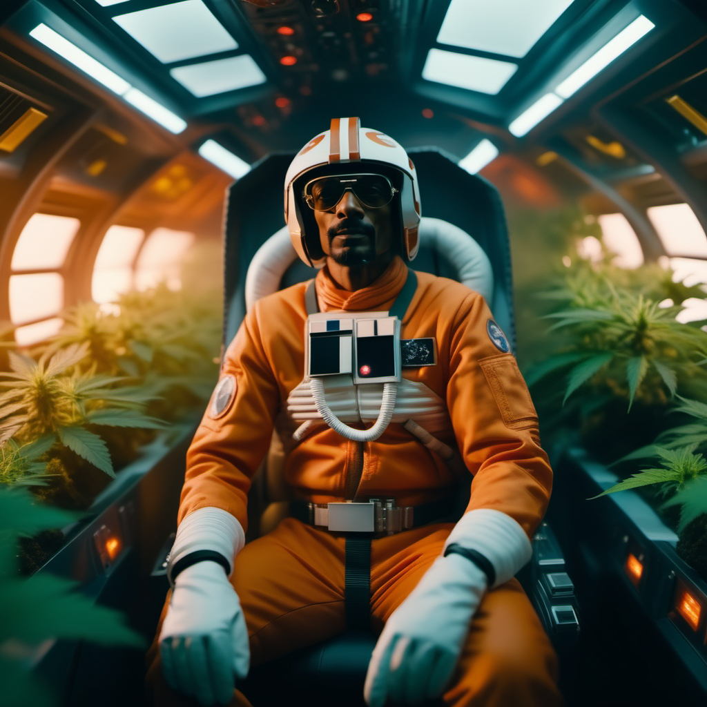 cinematic photo Snoop Dogg  wears gloves, orange and white spacesuit, helmet removed, a lot of smoke, surrounded by marijuana plants, in cockpit, in space  <lora:StarWars1024:0.8> . 35mm photograph, film, bokeh, professional, 4k, highly detailed