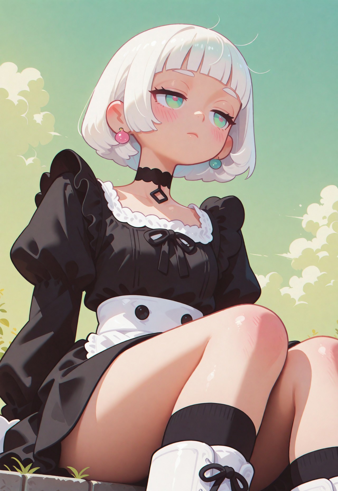 masterpiece, ultra-HD, cinematic lighting, photorealistic, impressionism, high detail,  dramatic lighting, best quality, very aesthetic, 8k,
simple pastel gradient green background, thick clouds, half close-up,
multicolored white hair, bobcut hair, blunt bangs,
blushing, asian girl, [[small head]], pretty girl, korean girl, choker, ear pierces,
emotionless, slim body, frat chest,
dynamic angle, dynamic pose, portrait, girl,
black maid clothes, black socks, white short boots, in a garden, decorative victorian gossamer clothes, dazed,
half closed eyes, looking away, sitting, thick legs,
sunset, pastel cyan eyes, Flatline, Flat vector illustration, haiz_ai, chromatic aberration, 
f11ph1style,
