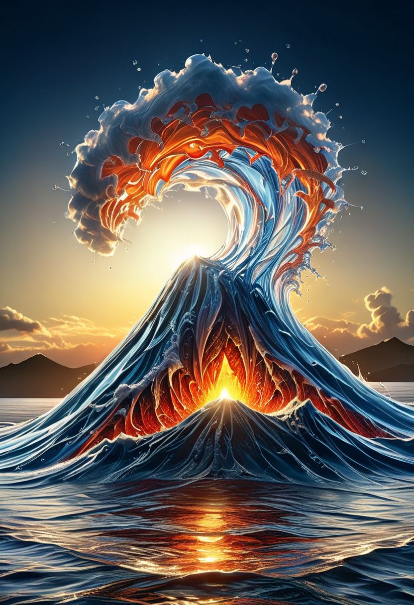 UHD, masterpiece, high quality, extremely details, intricate details, sharp focus, realistic, OverallDetailXL, sss
a volcano made of ((water)) ,((ais-wvs)) ,sun sunlight, sunray ,sunset
