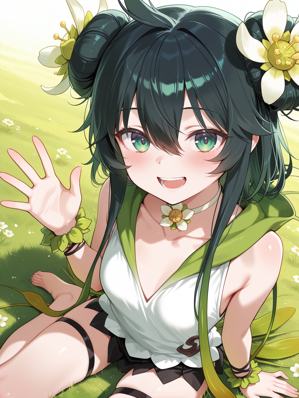 plant girl, traptrix vesiculo, 1girl, solo, looking at viewer, open mouth, barefoot, dutch angle, smile, blush, double bun, :d, collarbone, sidelocks, teeth, hand up, white hair flower, white flower choker, green sleeveless dress, green wrist scrunchie, grass, black skirt, black thigh strap
masterpiece,best quality,amazing quality,very aesthetic,absurdres,newest,<lora:Traptrix Vesiculo illuXL v1:0.7>,