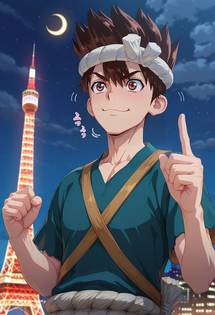 masterpiece, best quality, intricate details, (3d:0.4), , 1boy, solo, male focus, <lora:chrome_dr_stone_ilxl:1>, chrome_dr_stone, brown hair, brown eyes, short hair, spiked hair, headband, hachimaki, rule of thirds, tokyo tower, night, crescent moon, index finger raised, giggling,