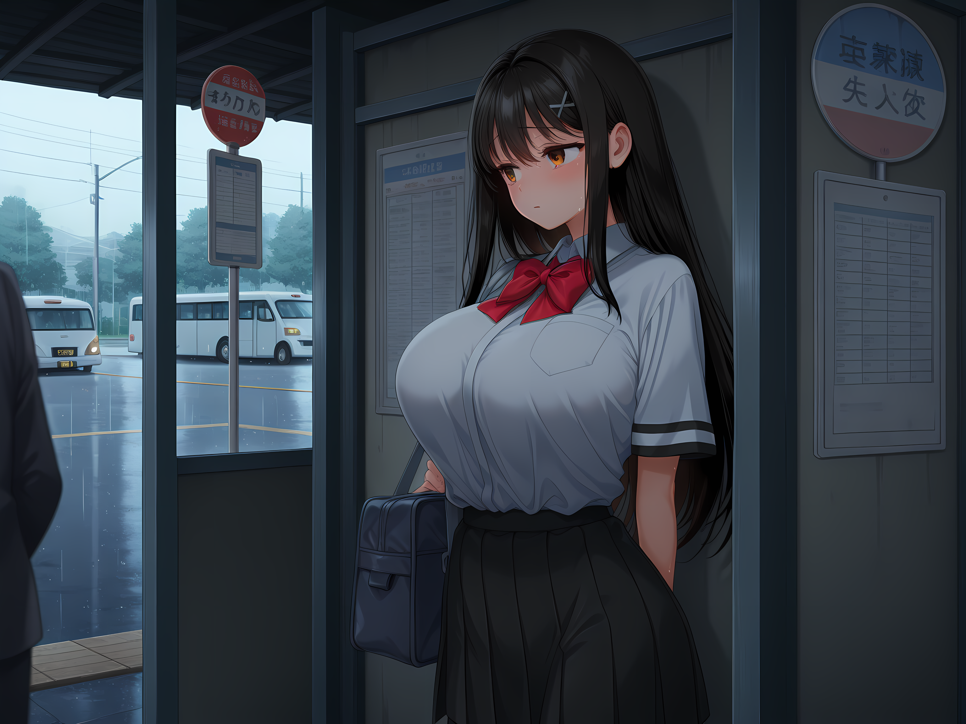 <lora:Nozomi_-_ã»ãæ¥µæ§æ´»ã®ãã¿ããã£ã¡ã«ãªãæ¹æ³:0.8>,an illustration of nozomi standing at a bus stop looking lonely in the rain. the area is dimly lit and its in the suburbs,school uniform,solo focus,, masterpiece,best quality,amazing quality,