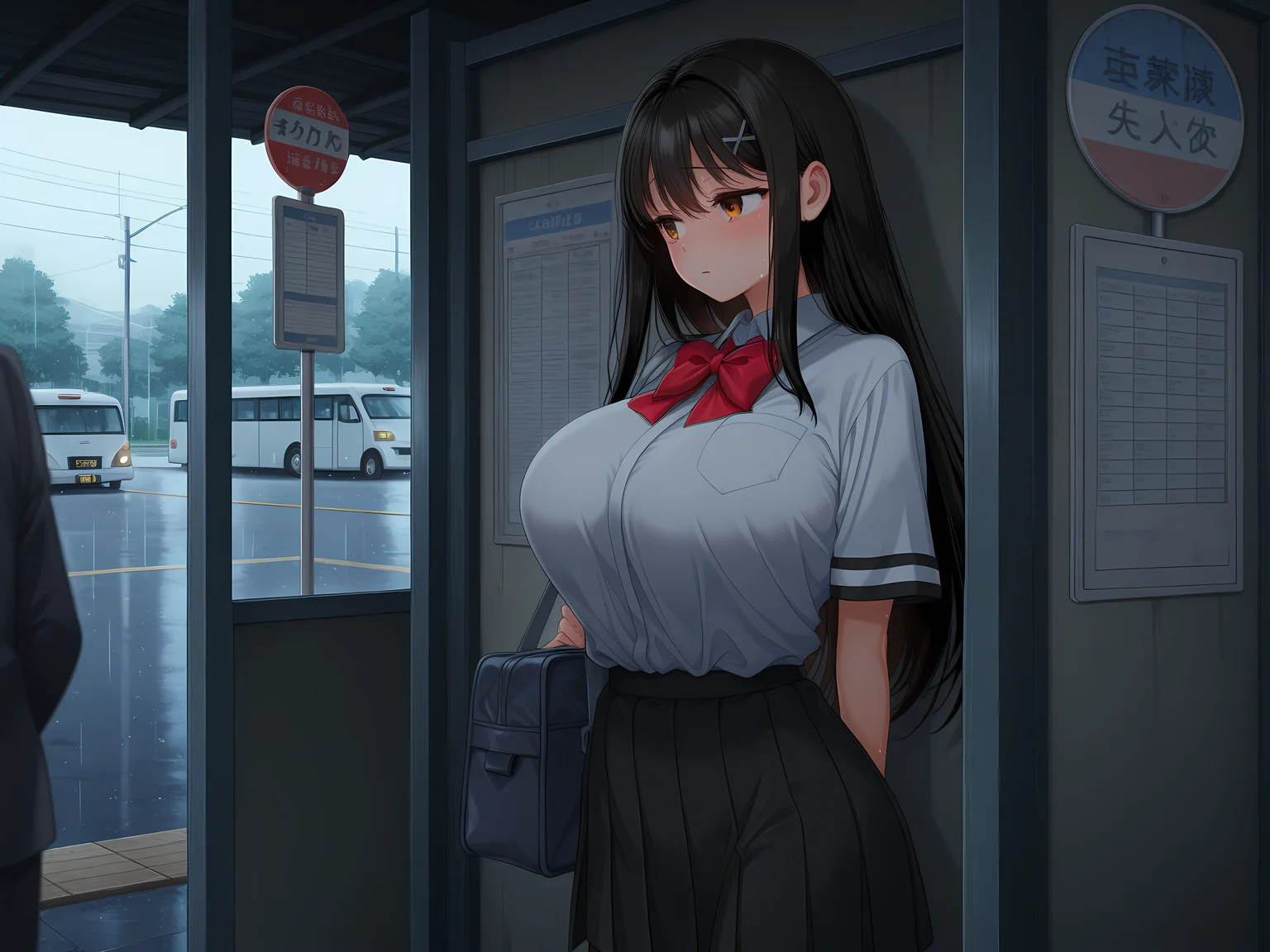 <lora:Nozomi_-_ã»ãæ¥µæ§æ´»ã®ãã¿ããã£ã¡ã«ãªãæ¹æ³:0.8>,an illustration of nozomi standing at a bus stop looking lonely in the rain. the area is dimly lit and its in the suburbs,school uniform,solo focus,, masterpiece,best quality,amazing quality,