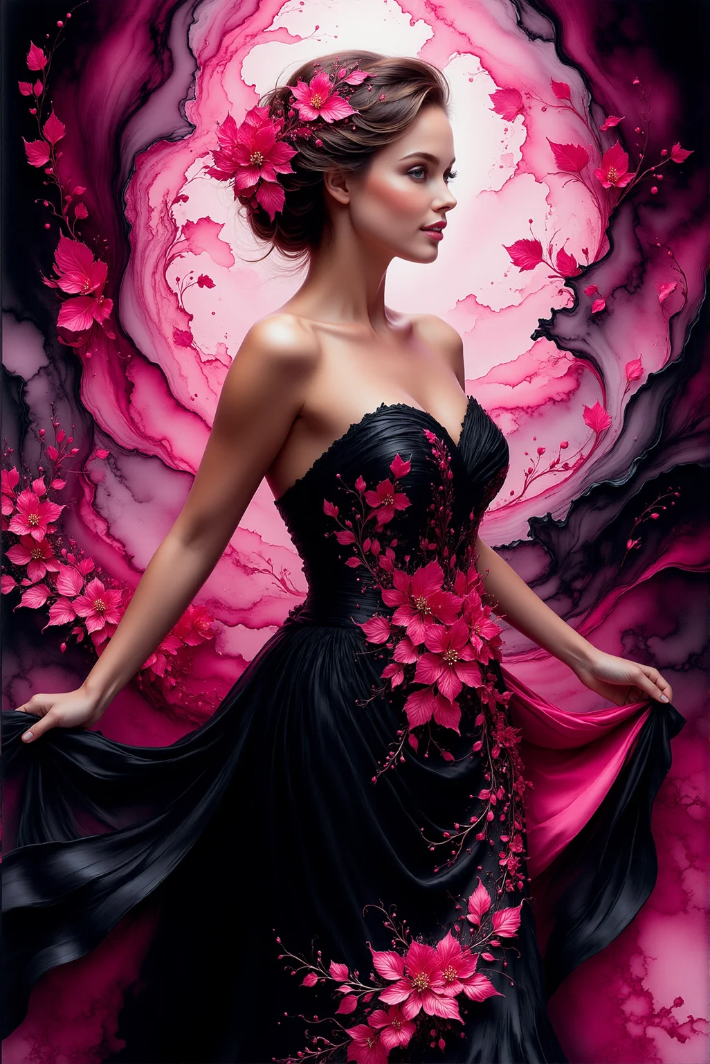 <lora:AISIL_style:1.0> AISIL style digital artwork with intricate, volumetric and vibrant background.
This features a woman in an elegant pose, holding the edges of her black gown adorned with vibrant pink floral embellishments. The dress flows dramatically, merging into swirling pink and black ink-like patterns that extend into the background, creating a dynamic sense of motion. Her head is slightly tilted to the side, with her hair flowing freely, enhanced with pink floral details. The lighting is focused, highlighting her face and the vibrant pink accents, while the darker tones create contrast and depth.